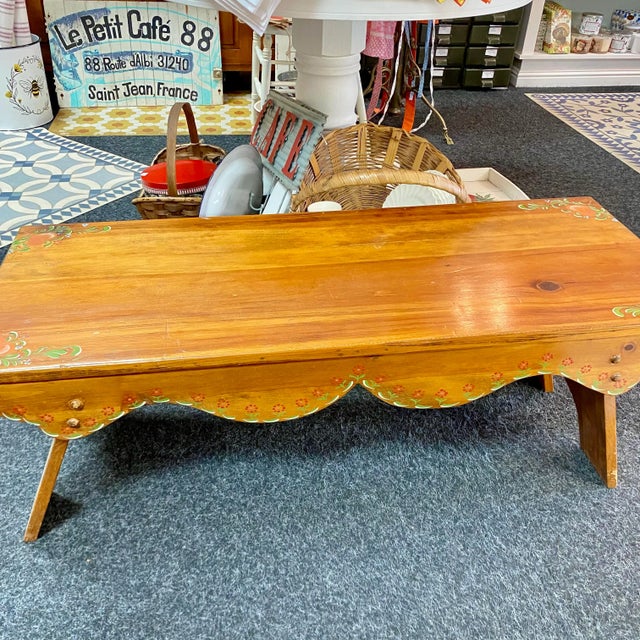 Vintage Danish Style Handcrafted Folk Art Wood Bench With Hand Painted Designs For Sale - Image 13 of 14