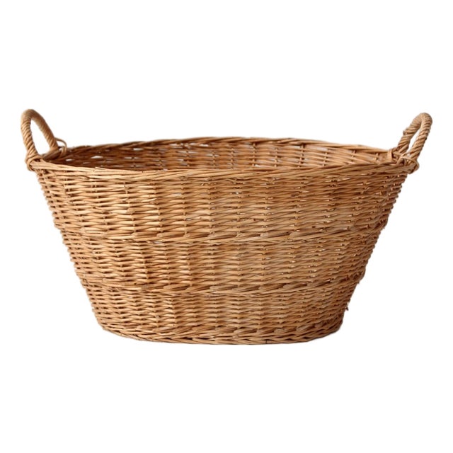 Antique French Country Wicker Laundry Basket For Sale