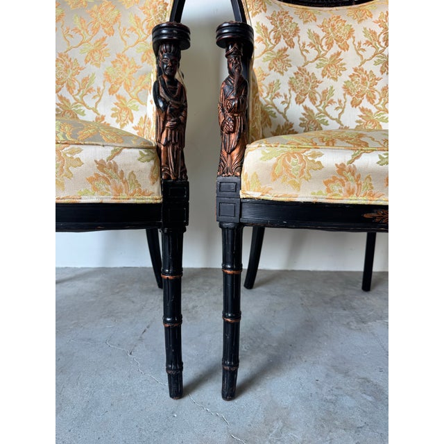 Stunning Palm Beach–style Chinoiserie pagoda wingback chairs, offered as a matching pair, featuring dramatic silhouettes...
