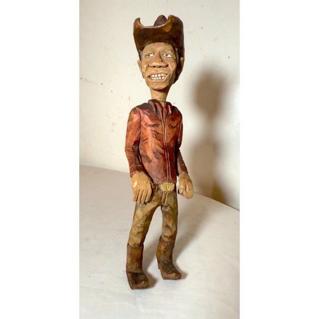 1980s 1980s Exquisite Signed Hand Carved Wood Folk Art Man Cowboy Sculpture Statue Figure For Sale - Image 5 of 13