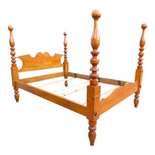 Antique Handmade 4 Poster Cannonball Wood Bed Frame For Sale
