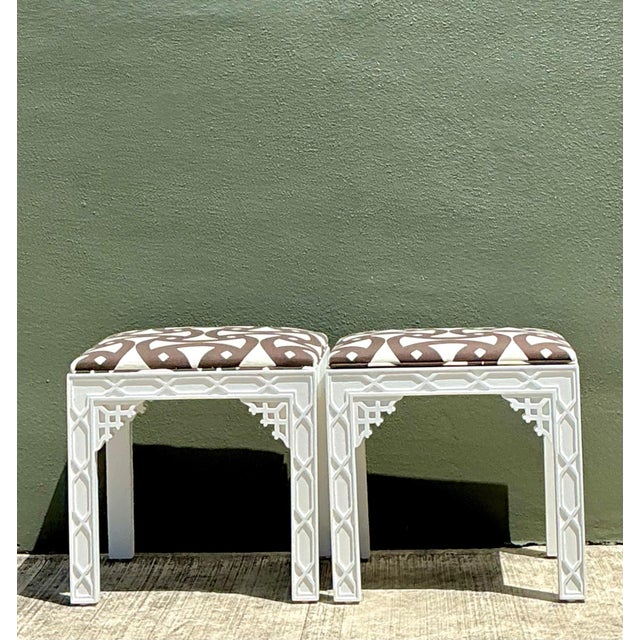 Vintage White and Brown Fretwork Upholstered Stools - A Pair For Sale In West Palm - Image 6 of 12