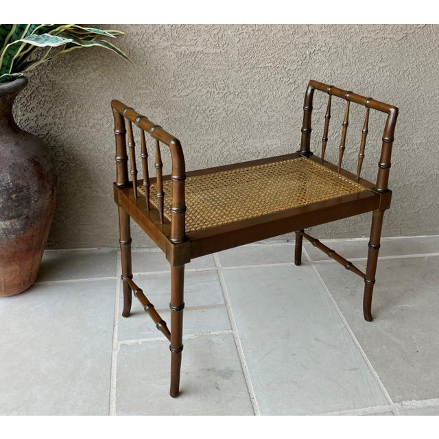Chinoiserie Baker Furniture Circa 1970 Diminutive Chinese Chippendale Faux Bamboo & Cane Window / Entryway Bench For Sale - Image 3 of 12