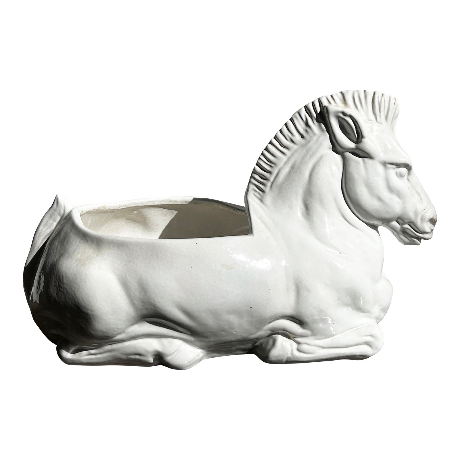 Vintage Italian White Ceramic Equestrian Horse Cache Pot / Planter