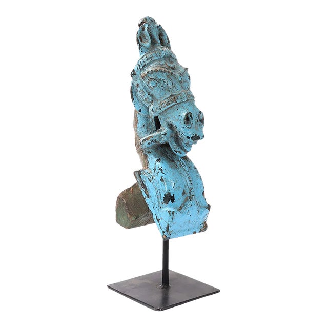 18th-Century Indian Hand-Carved & Painted Teakwood Horse Corbel on Stand For Sale