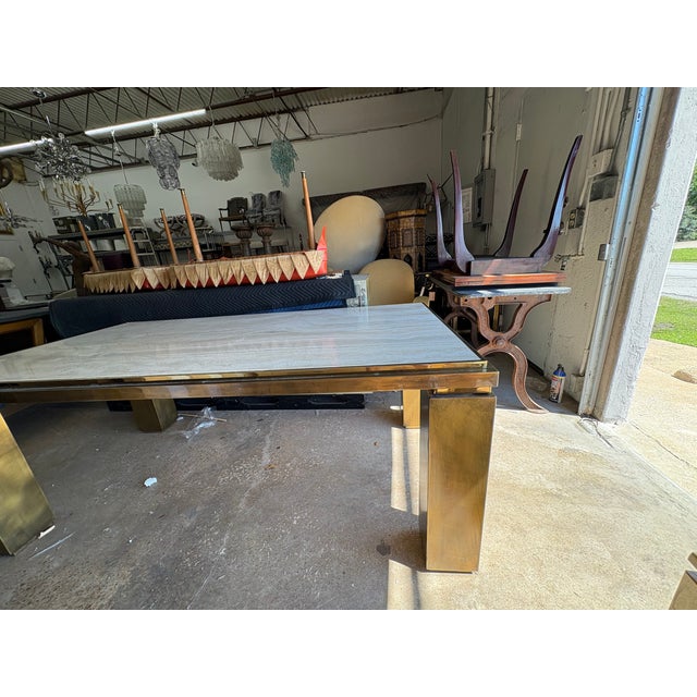 1970s French Modern Brass and Travertine Dining Table For Sale - Image 12 of 18