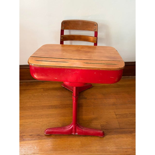 Mid 20th Century Mid Century Red Metal Children's School Desk With Attached Wood Seat For Sale - Image 5 of 10