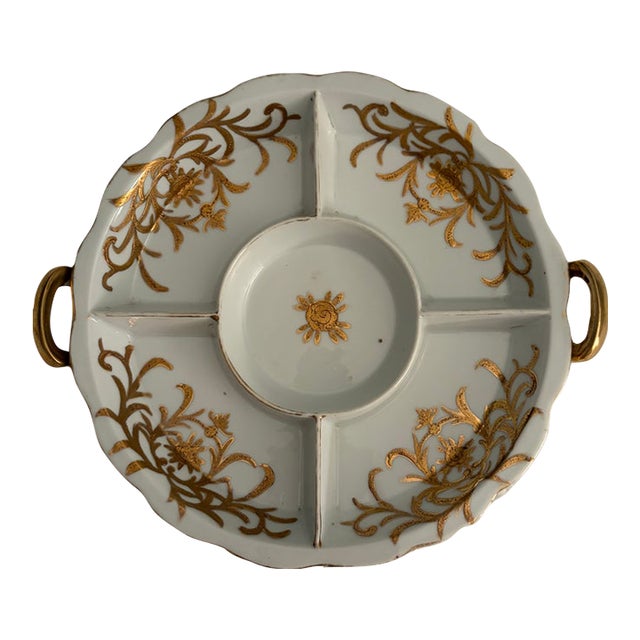 Divided Japanese Condiment Serving Plate W Gold & White For Sale