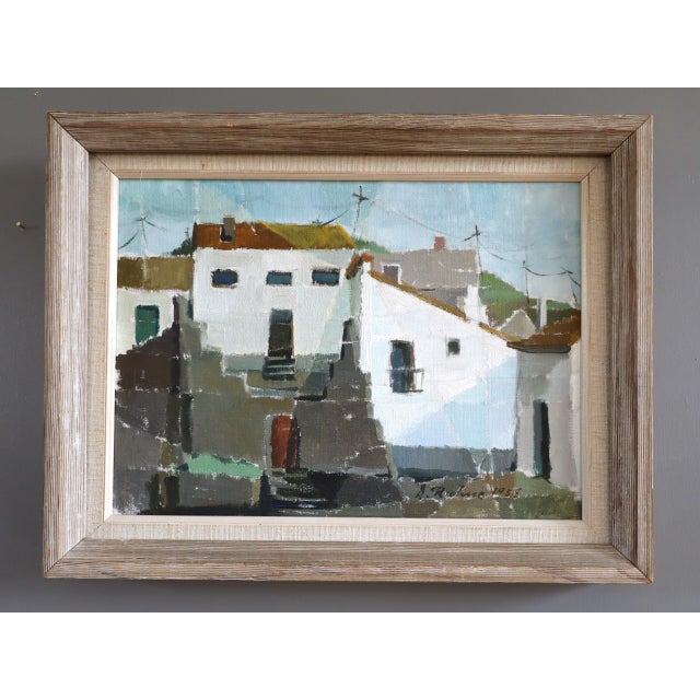 SUNLIT FACADES Size: 12.6 x 16.5 inches (including frame) Oil on canvas A charming mid-century modernist painting that...