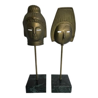 Vintage Brass Mask Art on Stand - a Pair For Sale