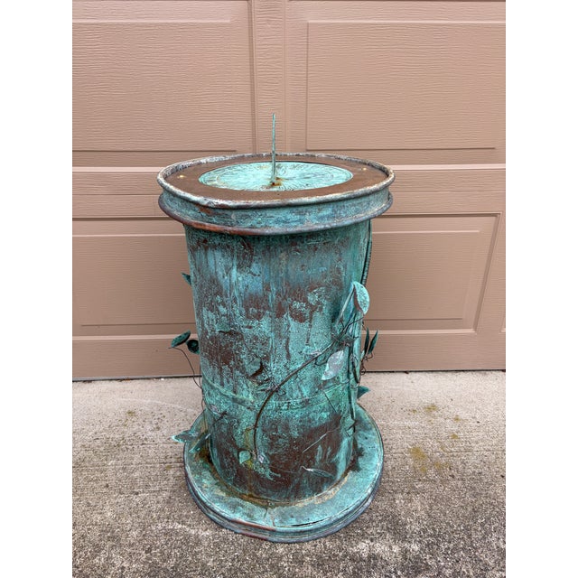 Verdigris Vintage English Country Classical Verdigris Iron Sundial on Copper Pedestal Base "Grow Old Along With Me" For Sale - Image 8 of 12