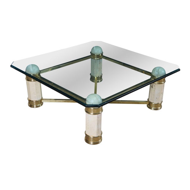 Modern Vintage Italian Regency Travertine Stone Brass & Glass Coffee Cocktail Table 44" For Sale - Image 3 of 12