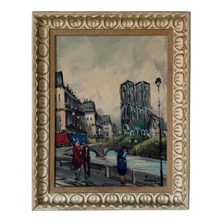 Vintage Parisian Street Scene Impressionist Oil on Masonite Board – Framed For Sale