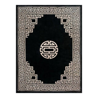 Glamorous Black Ground Color With White Color Greek Key Pattern Vintage Chinese Art Deco Rug For Sale