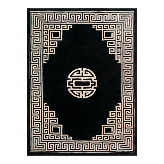 Glamorous Black Ground Color With White Color Greek Key Pattern Vintage Chinese Art Deco Rug For Sale