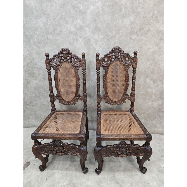 Antique Jacobean Renaissance Revival Heavily Carved Oak Cane Throne Chairs - Pair Stunning Jacobean/Renaissance Revival...