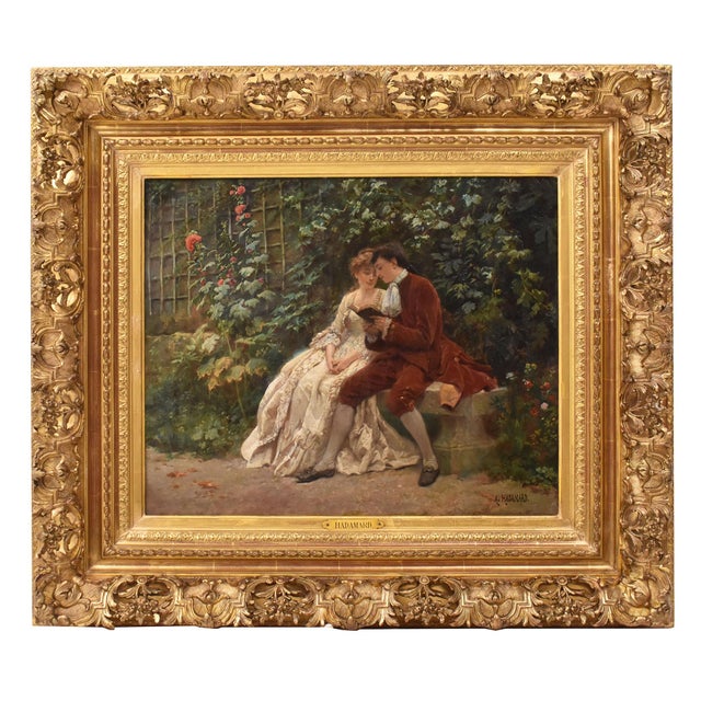 Auguste Hadamard, Young Lady and Gentleman, Gallant Scene, Oil on Canvas, 19th Century For Sale - Image 11 of 11