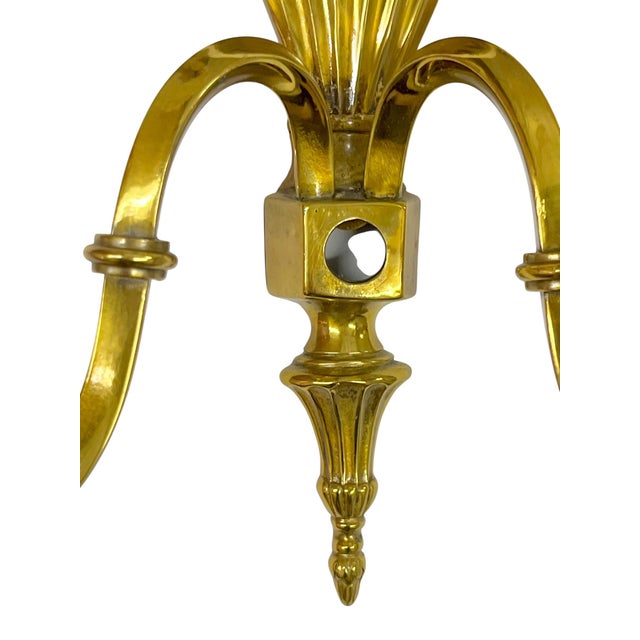 Vintage Pair of Brass & Copper Neoclassical Double-Arm Wall Sconces With Pleated Silk Shades For Sale - Image 6 of 18