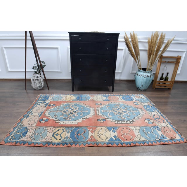 1970s 1970s Vintage Turkish Handmade Wool Cotton Orange Blue Area Rug For Sale - Image 5 of 11