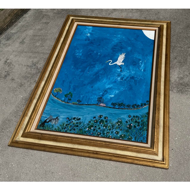 Wood Vintage Large Folk Art Tropical Landscape Painting With Egret in Gilt Wood Frame For Sale - Image 7 of 15