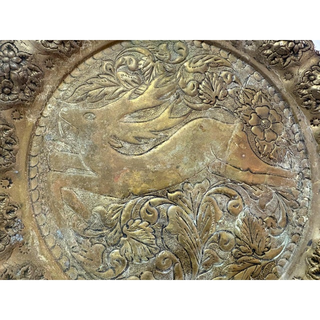 Metal Vintage Embossed Brass Charger Plate Featuring Leaping Hare Surrounded by Flowers For Sale - Image 7 of 13