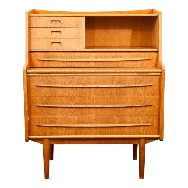 Mid Century Danish Modern Secretary Desk Oak Leaf Bureau Denmark Drawers Vanity For Sale