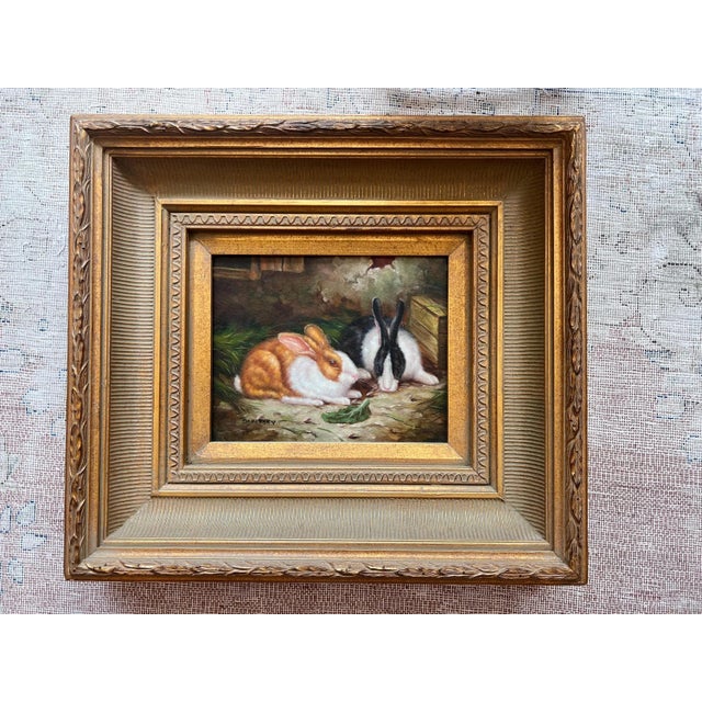Brown 1980s Beautiful original, signed oil painting of bunnies // gallery wall // framed artwork // home decor // English country // original artwork For Sale - Image 8 of 10