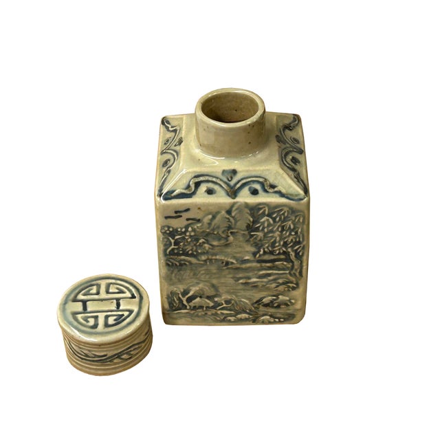Cream Celadon Porcelain Blue Flower Graphic Square Container For Sale In San Francisco - Image 6 of 10