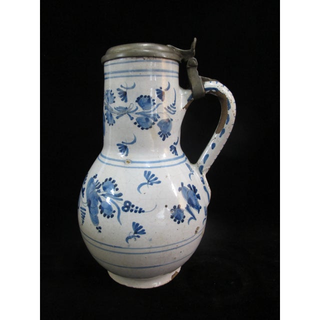 Rustic European Antique 18th Century German Pewter Mounted Blue Faience Floral Tankard Birnkrug For Sale - Image 3 of 11