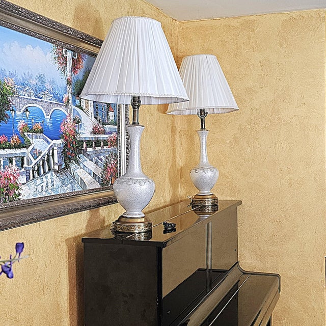 Mid 20th Century Pair of Vintage White Crackle-Glaze Table Lamps With Pleated Shades – 35” For Sale - Image 4 of 18