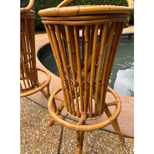 Mid 20th Century Italian Bamboo Rattan Tiki Style Barstools, a Pair, Attributed to Tito Angoli For Sale - Image 4 of 7