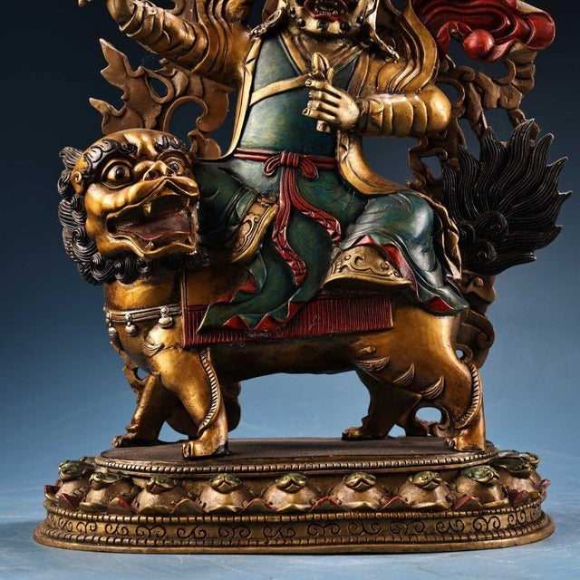 Metal Vintage Tibetan Painted Gilded Bronze Dorje Shugden Protector Buddha Statue on Lion For Sale - Image 7 of 10