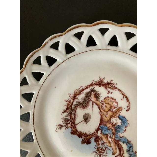 Pink Antique English Romantic Cherub Cupid Valentines Heart Porcelain Plate With Reticulated Margin and Gold Rim For Sale - Image 8 of 12