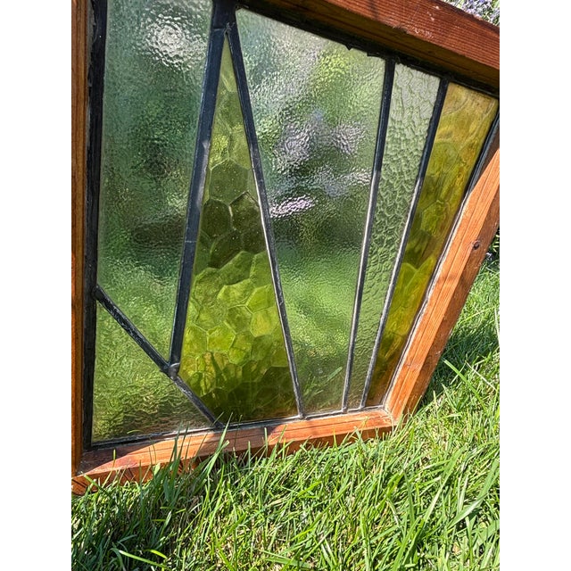 Mid-Century Modern Antique Glass Wood Frame Stained Prairie School Window - Geometric Reversible Wood Frame For Sale - Image 3 of 9
