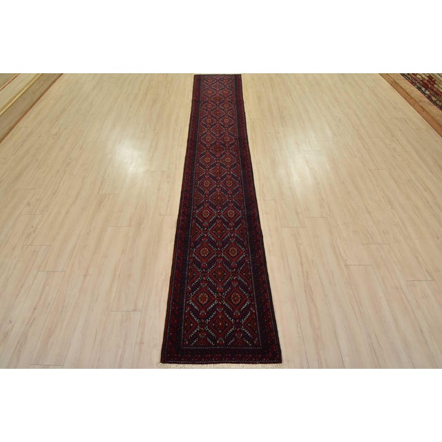 Cabin Baloch Runner 2’2” X 11’6” Blue Wool Vintage Tribal Hand-Knotted Oriental Rug For Sale - Image 3 of 12