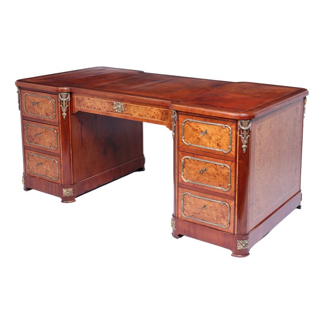 French Burr Walnut Pedestal Desk with Gilt Bronze Ormolu Mounts, 1880s For Sale