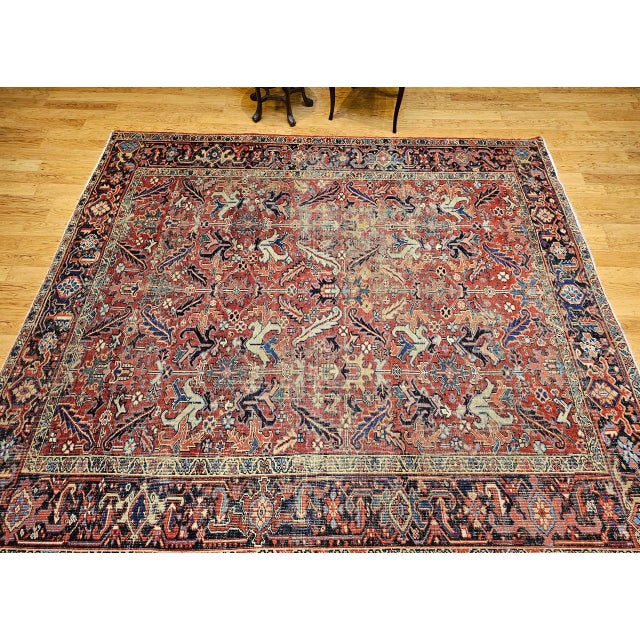 Antique Persian Heriz Serapi Rug, Hand-Knotted Wool, All-Over Geometric Pattern, Brick & Navy, 8x9 For Sale - Image 4 of 15