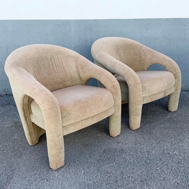 Postmodern Sculpted Tan Velvet Lounge Chairs - A Pair For Sale - Image 4 of 9