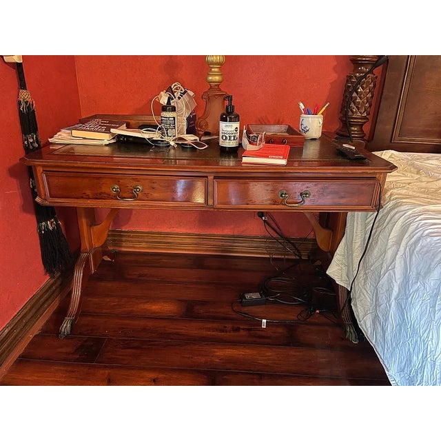 Traditional Antique Style Leather Top Writing Desk. For Sale - Image 3 of 5