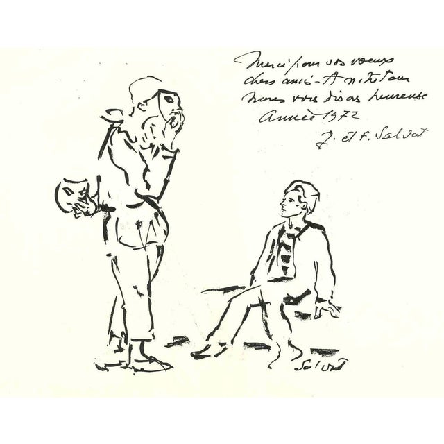 Francois Salvat, The Masks, Original Black Marker Drawing, 1972 For Sale