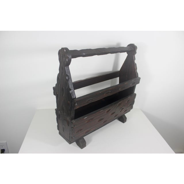 Cabin 1960s Solid Wood Spanish Brutalist Magazine Rack Holder Revival For Sale - Image 3 of 18