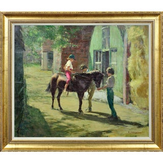 Harry Freckleton, Children with Their Pony in the Stableyard, 1960s, Oil on Canvas For Sale