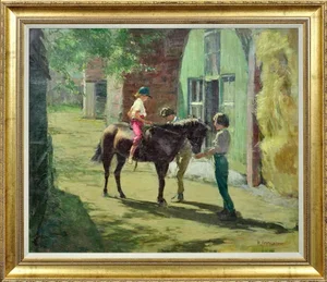 Harry Freckleton, Children with Their Pony in the Stableyard, 1960s, Oil on Canvas