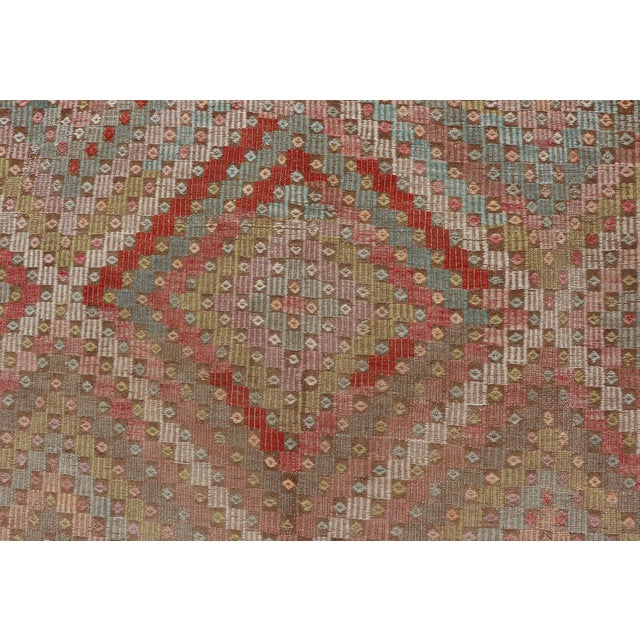 Large Vintage Turkish Kilim Rug With Coral, Gold, Sage Diamond Pattern For Sale - Image 4 of 14