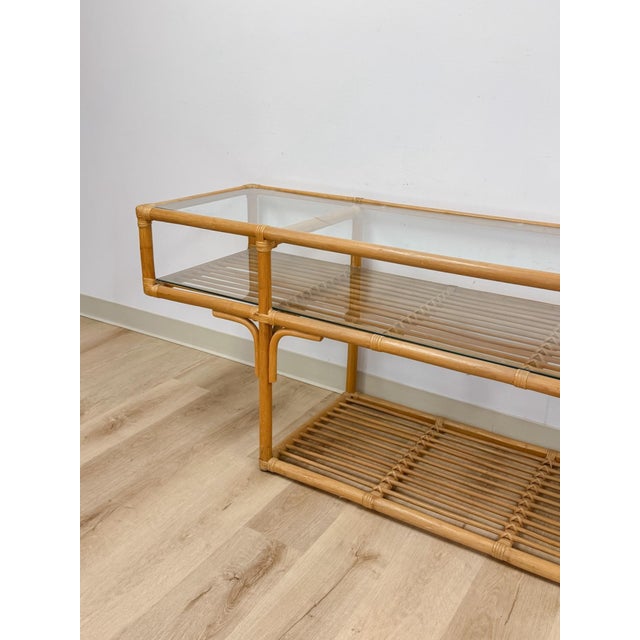 Vintage Console Table Rattan Two-Tier Glass Top Coastal Entryway Sofa Table Rare For Sale - Image 4 of 13