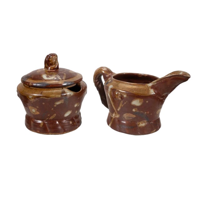 John Glick Ceramic Stoneware Sugar and Creamer Holder Stamped Plum Tree Pottery - Set of 2 For Sale