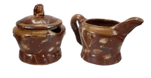 John Glick Ceramic Stoneware Sugar and Creamer Holder Stamped Plum Tree Pottery - Set of 2