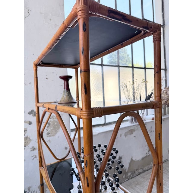 Rattan and Black Glass Bookcase, 1960s For Sale - Image 12 of 18