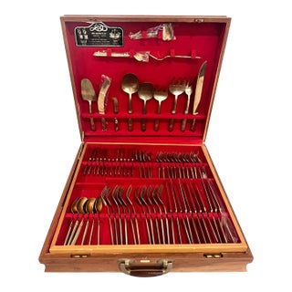 1980's Asian Kings Pattern Solid Brass / Bronze Flatware & Serving Utensils by Lucky Dragon Company - Set for 10 With Extras For Sale