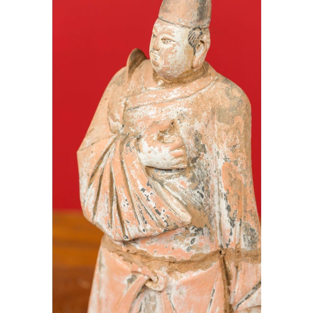 Tang Dynasty Chinese Court Official Terracotta Sculpture with Original Paint For Sale - Image 11 of 12